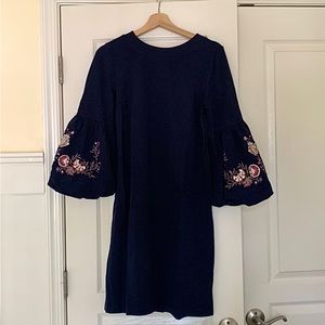 Loft Navy Blue Dress with Embroidered Bell Sleeves